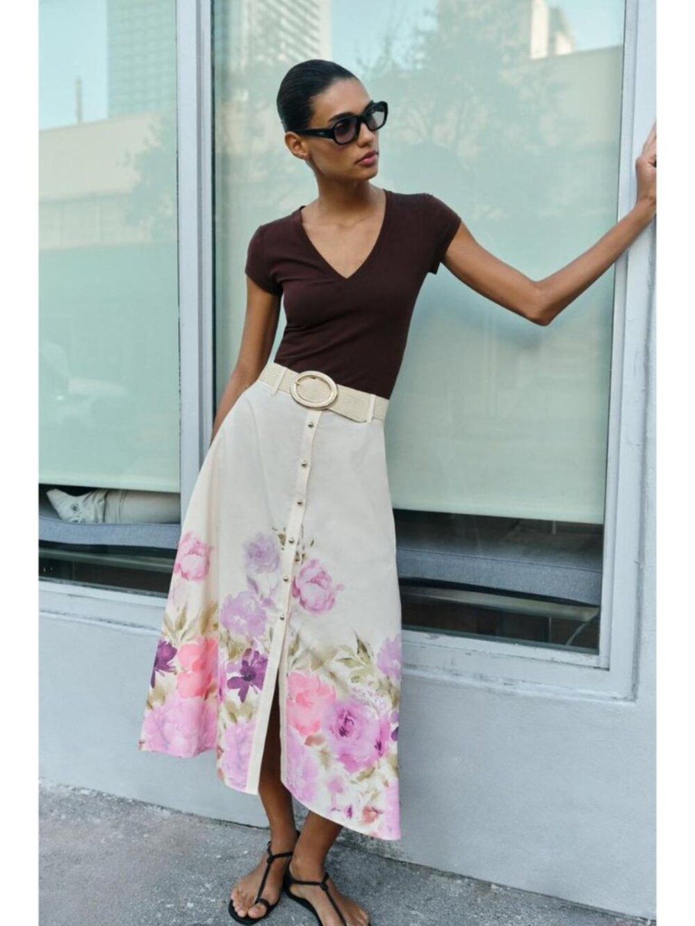 ZARA FLORAL PRINT BELTED MIDI SKIRT - Picture 2 of 7